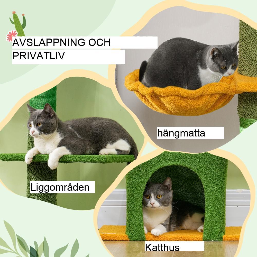 Kattträd med högt i tak med skrapstolpar, lekboll och hängmatta