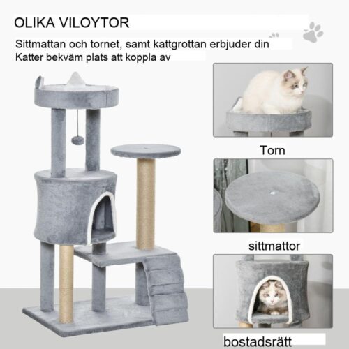 Kattträd med skrapstolpar, grotta och stege – 100 cm hög