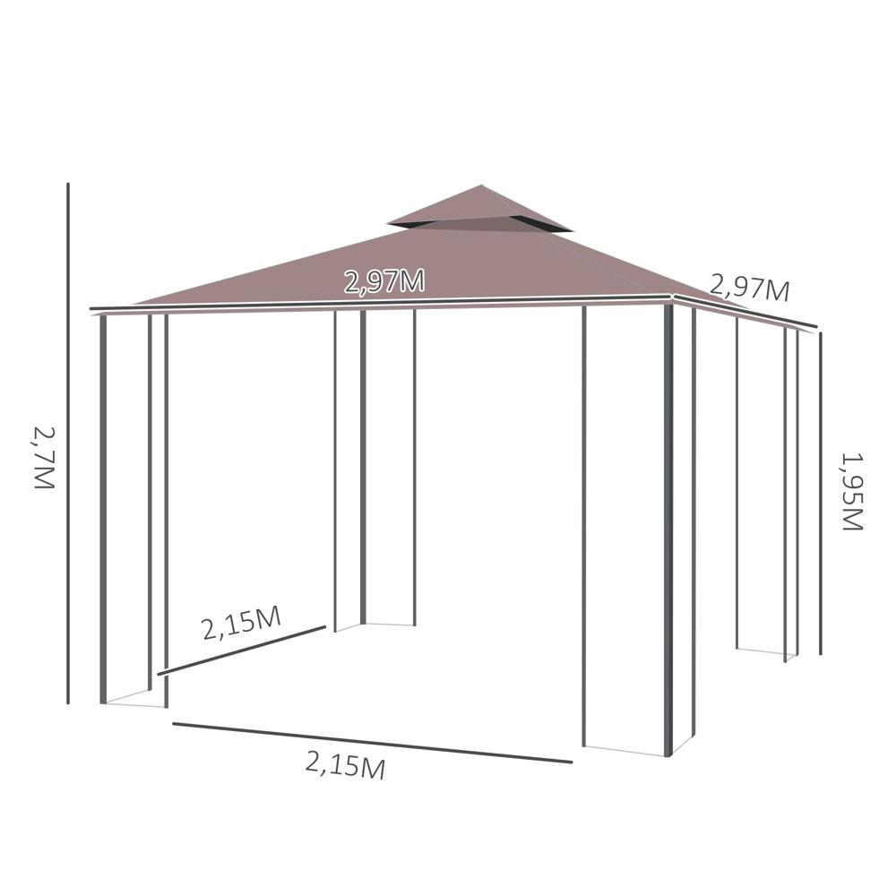 Trädgårdslusthus med myggnät, dubbla tak och sidoväggar 2,97×2,97m