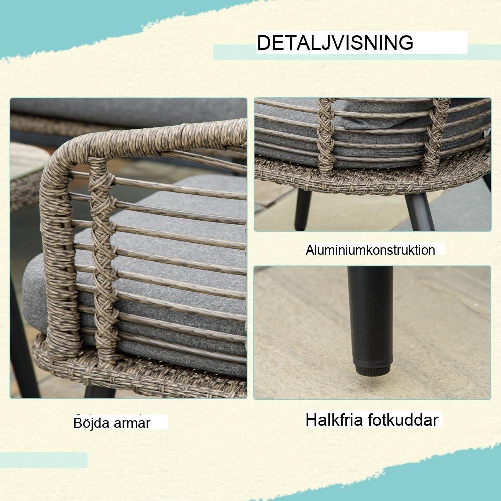 Trädgårdsmöbler i polyrattan för 4 – soffa, bord och kuddar, brun/grå