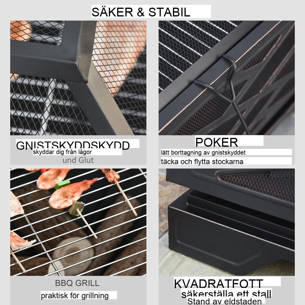 Bärbar eldskål och BBQ Grill Set – Black Metal, Spark Guard, Poker ingår