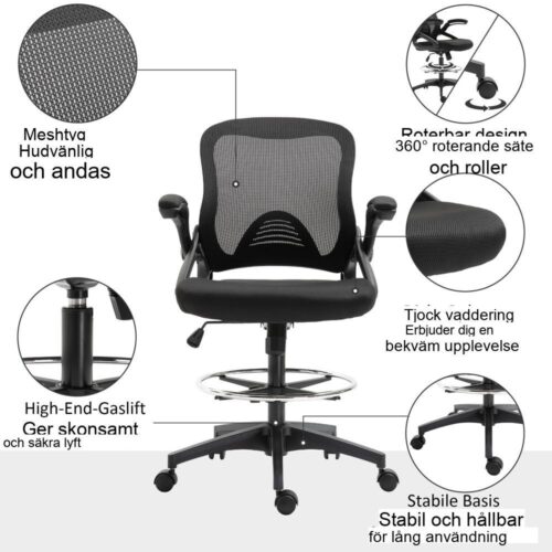 Ergonomisk kontorsstol Mesh Swivel med justerbart fotstöd och höjd (svart)