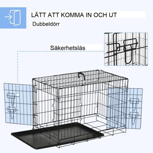 Hopfällbar hundlåda i metall för smådjur, 76x46x52cm Svart