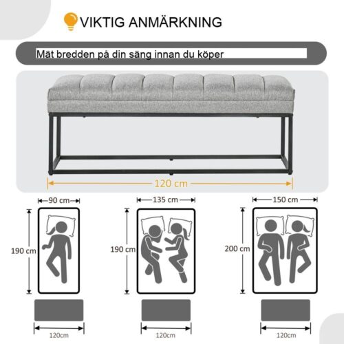 Ljusgrå linnestoppad bänk, sängbänk, upp till 200 kg kapacitet, 120×44 cm