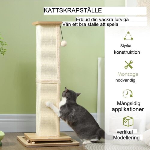 Trippelfunktion för kattskrapstolpe – Sisal täckt med lekskenor och boll