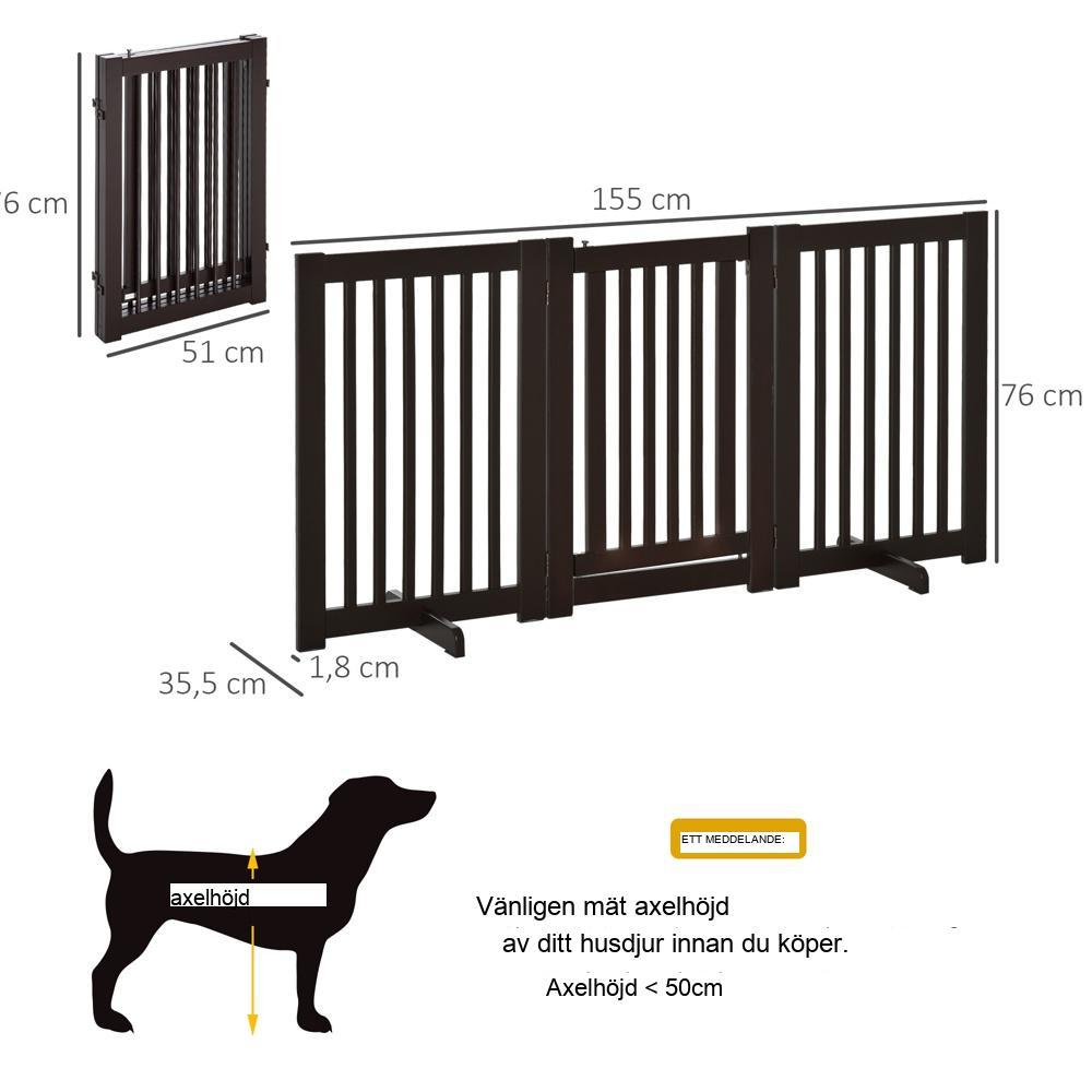 Fristående hundport i trä, justerbar och vikbar, mörkbrun säkerhetsbarriär
