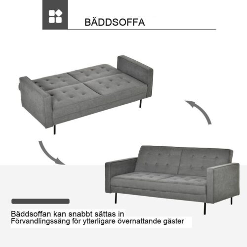 Vintage Eucalyptus Wood bäddsoffa, justerbart ryggstöd, grå bomull 3-sits