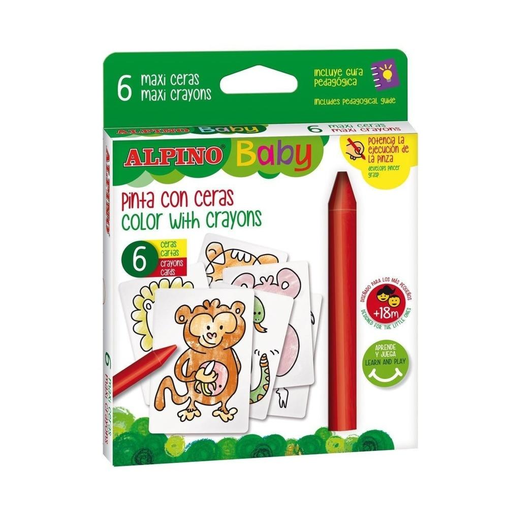 Alpino Baby Tjocka Crayons Set med 6 färger + Djungeldjurkort för småbarn