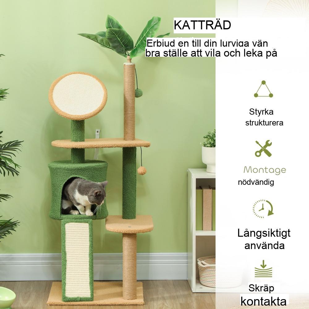 Grönt 139 cm kattträd med grotta, bollar och skrapstolpar för katter upp till 5 kg