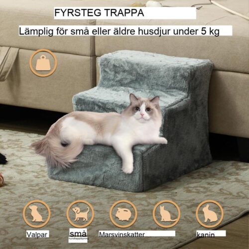 Ljusgrå plysch hundtrappa – 3 steg, katttrappa för säng och soffa (upp till 5 kg)