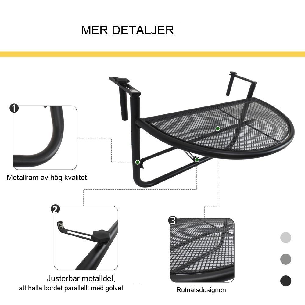 Justerbart Höjdhängande Balkongbord, Vitmetall, Halvcirkulärt, 30cm