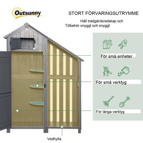 Rymligt trädgårdsredskapsskjul i trä med sadeltak, grå+svart