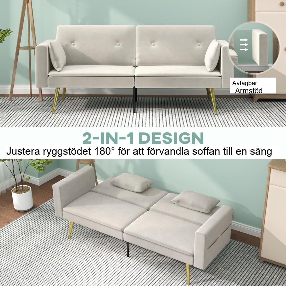 Justerbart ryggstöd Bäddsoffa, Dubbelsäng, Beige Velvet 2-Sits