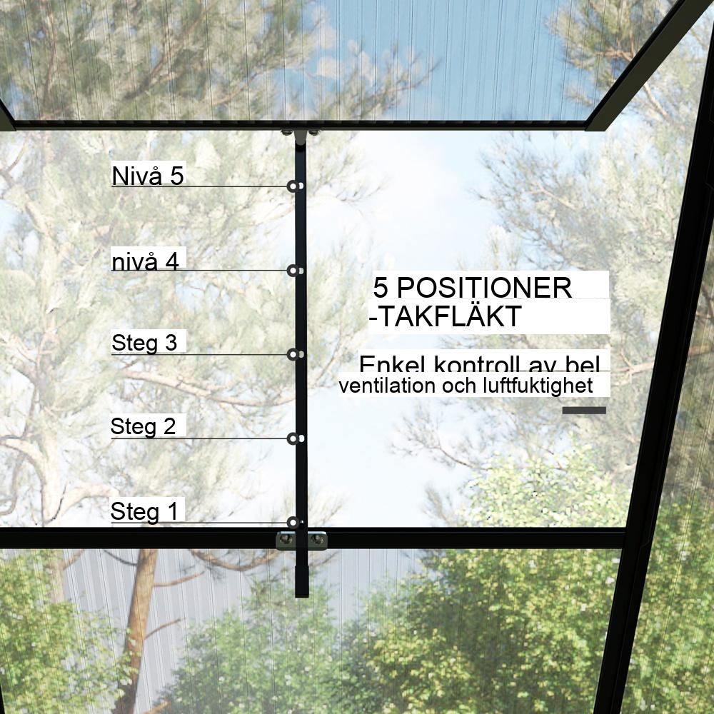 Svart aluminiumväxthus 3,68 m² med skjutdörr och fönster