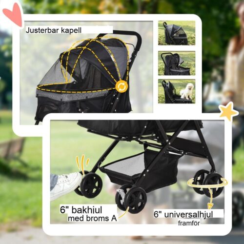 Oxford Dog Buggy Stroller – Säker och rymlig husdjursvagn för små hundar (svart)