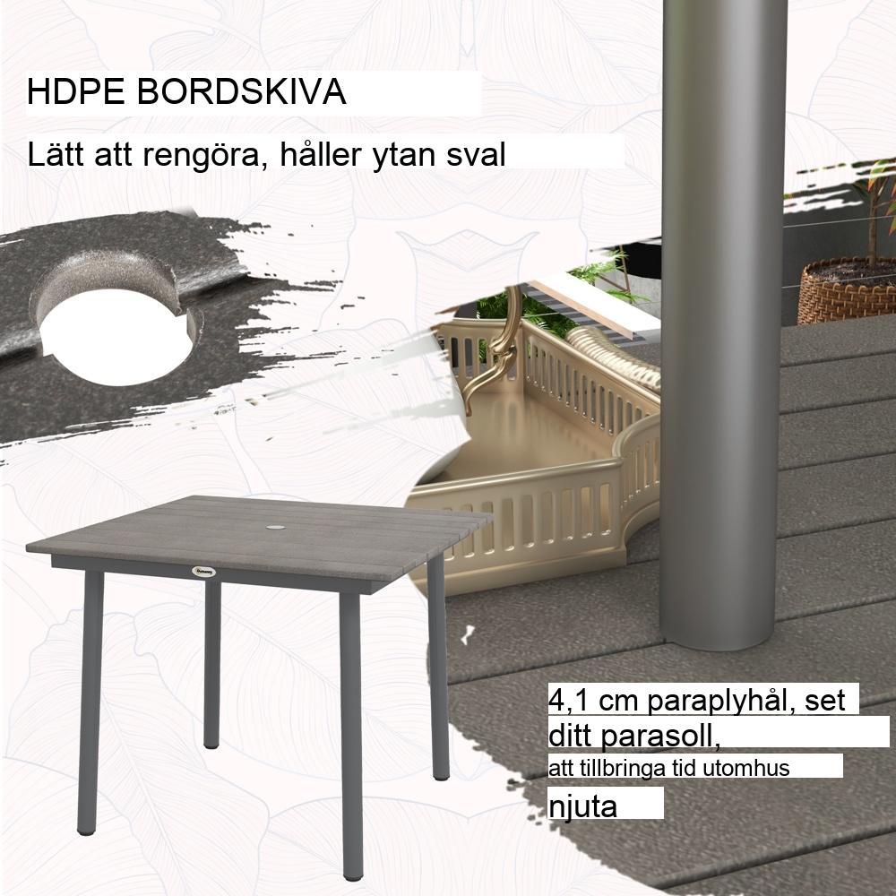 Modernt HDPE trädgårdsmatbord för 4, paraplyhål, mörkgrå 90x90cm