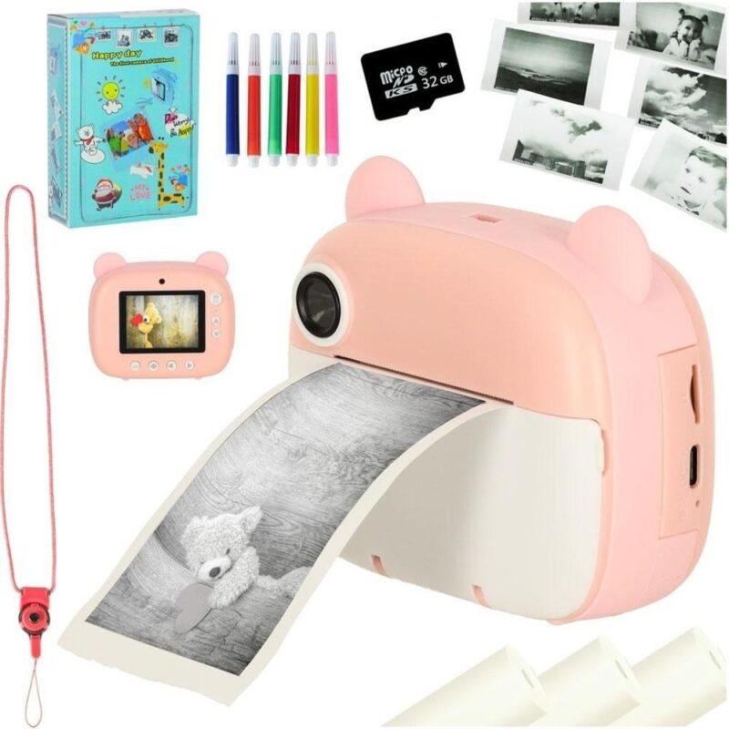 Pink Teddy Bear Instant Camera för barn, 1080p HD med spel och MP3-uppspelning