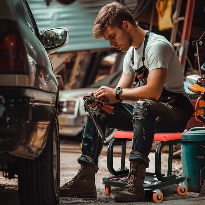 Röd verkstadspall med vadderad sits och hylla – Garage Tool Chair