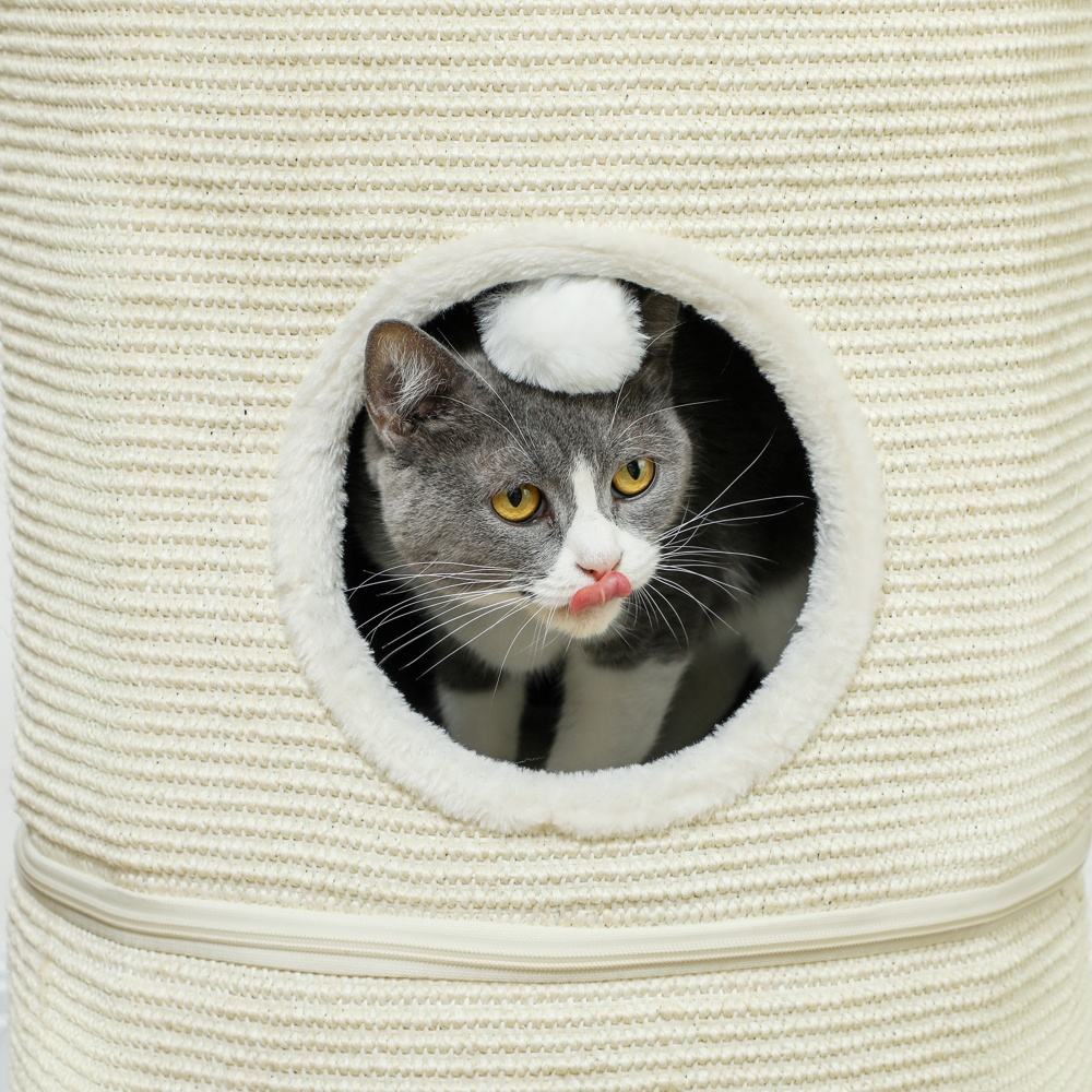 Creme White Cat Barrel Tower med 2 grottor, skrapstolpar och lekbollar (upp till 5 kg)