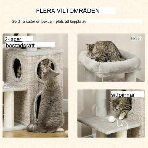 Ljusgrå kattskrapstolpe med 2 grottor och sisalkolonn – 91cm