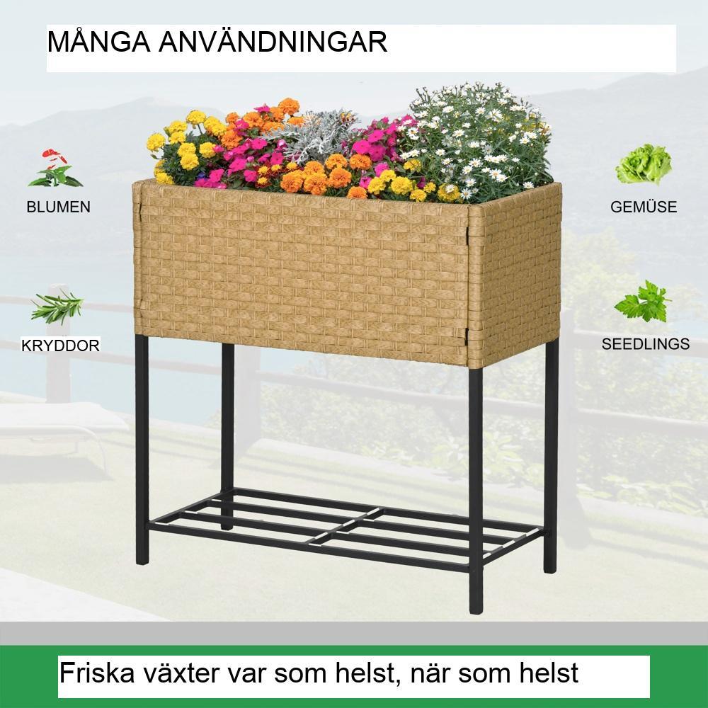 Sandfärgad upphöjd blomsterbädd i polyrotting med hylla – 70x30x72cm