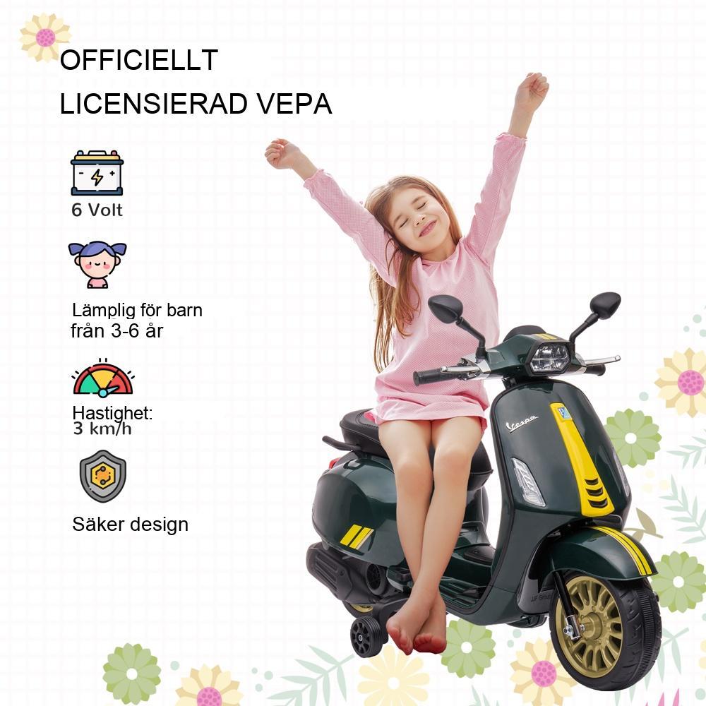 Licensierad Vespa Kids elektrisk motorcykel med lampor, musik och FM-radio