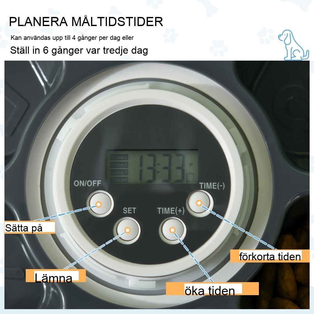 Automatisk husdjursmatare, 6 fack, programmerbar, musikpåminnelse, LED-display