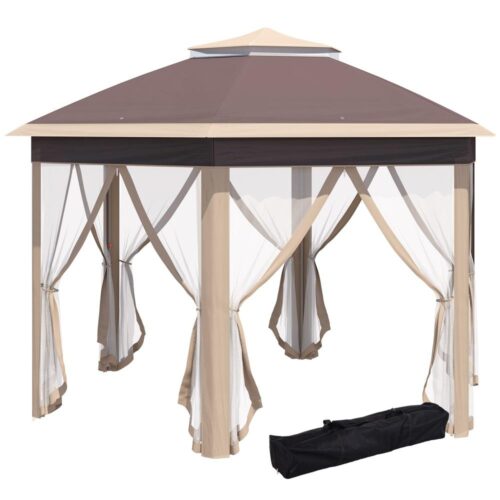 Sexkantigt lusthus 4x4m dubbeltak, vatten- och UV-beständig, beige/khaki