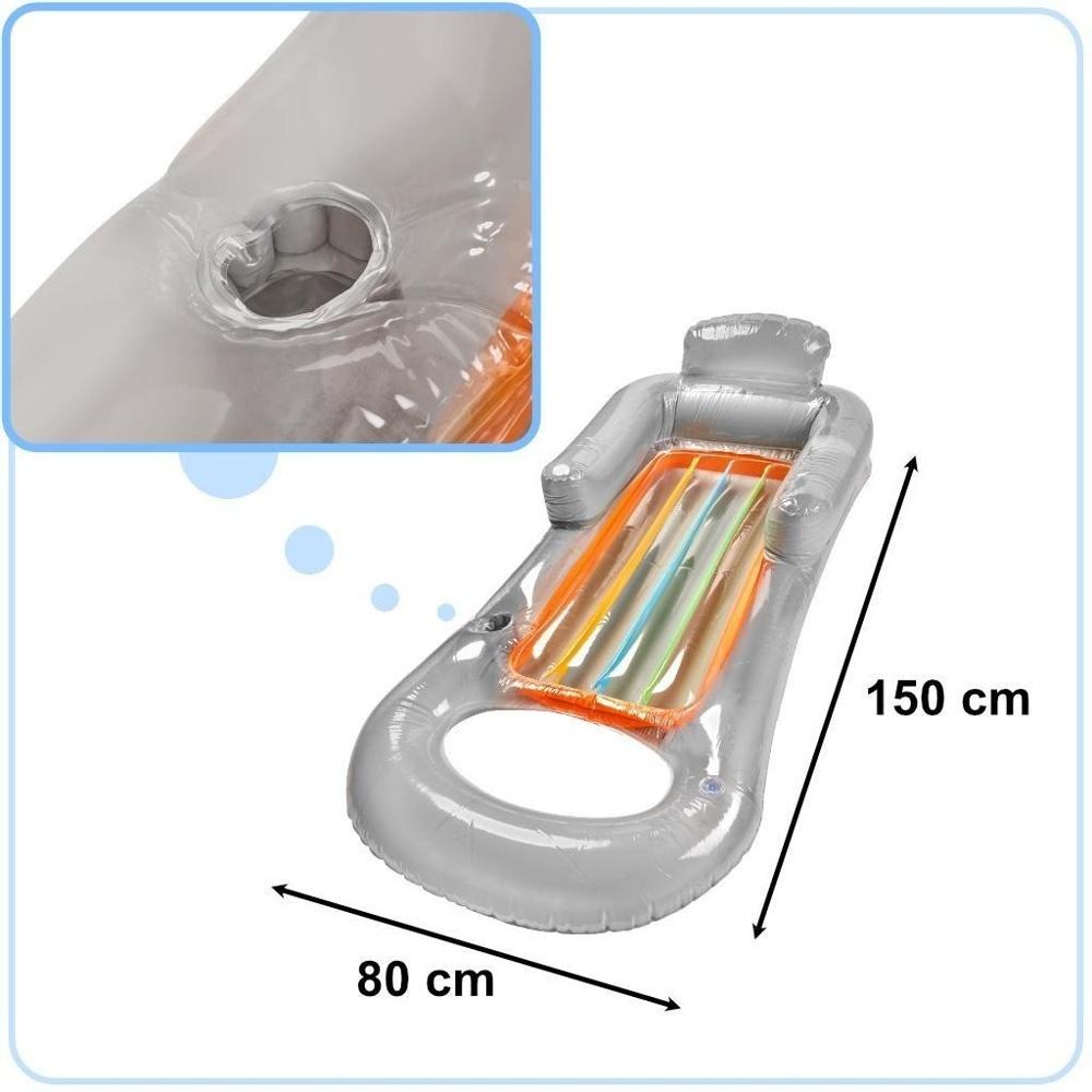 Uppblåsbar poolstol med ryggstöd, mugghållare, grå – Max 90 kg kapacitet