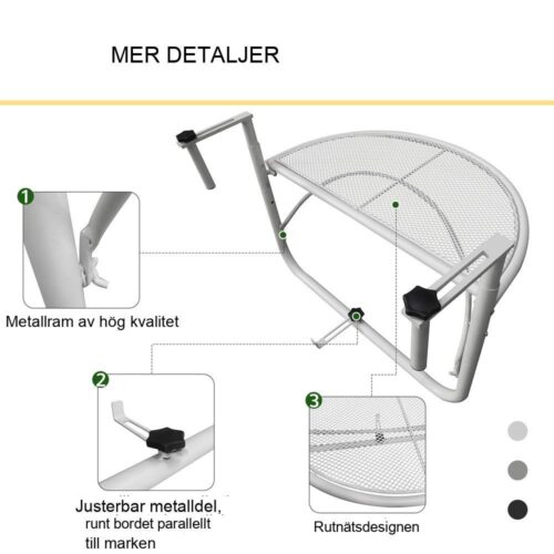 Justerbar Höjd Balkong Hängbord – Vit Metall – 30cm Ø