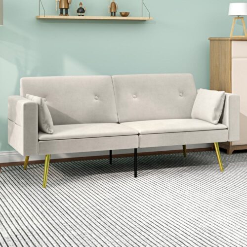 Justerbart ryggstöd Bäddsoffa, Dubbelsäng, Beige Velvet 2-Sits