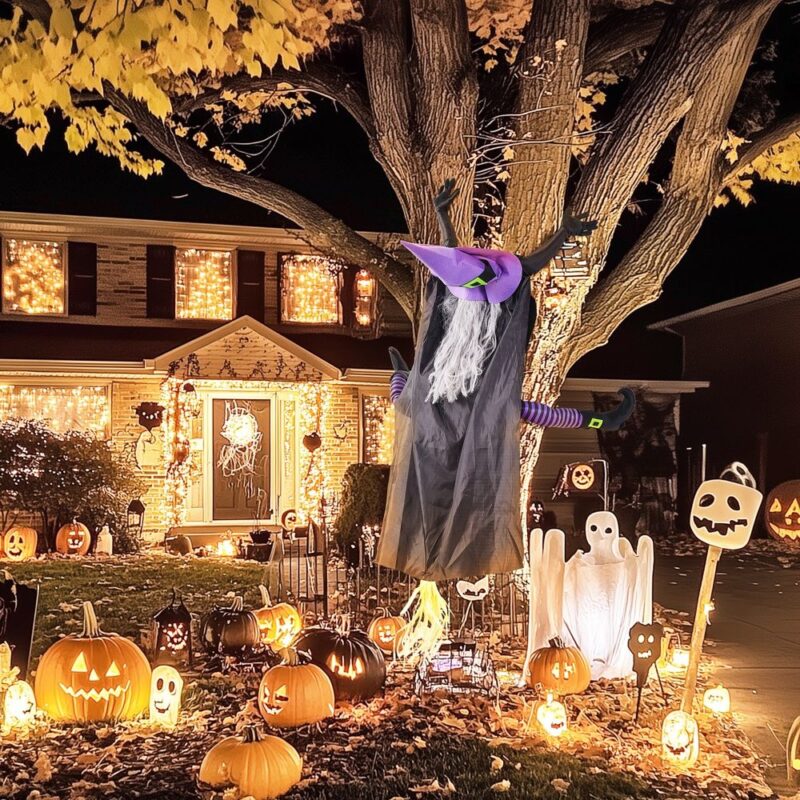 Halloween-dekoration för flygande häxa i naturlig storlek för trädgårdsfester