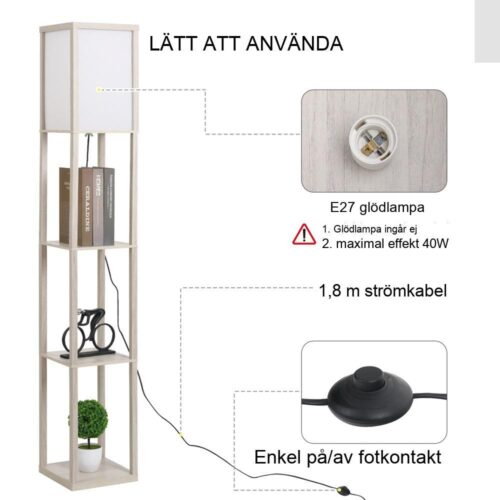 Snygg ek och vit golvlampa med 3 hyllplan och LED-belysning