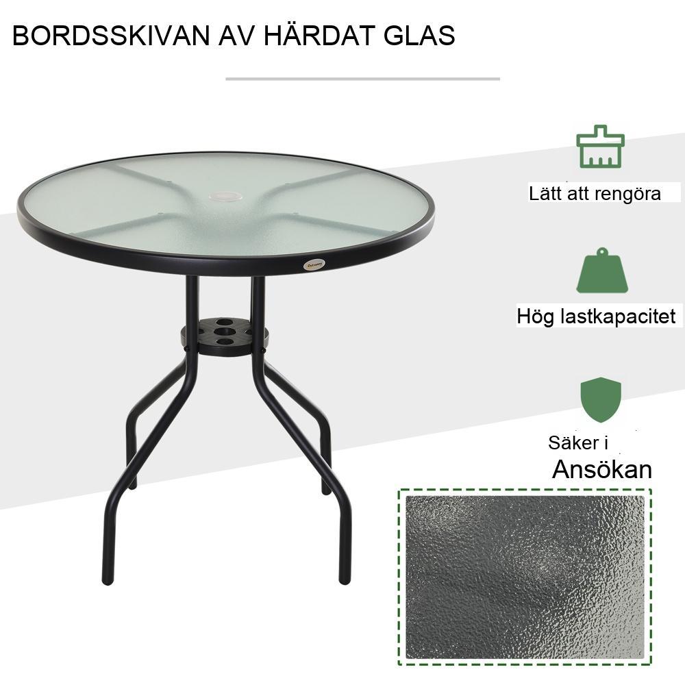 Stilrent bistrobord i svart metall och härdat glas med paraplyhål