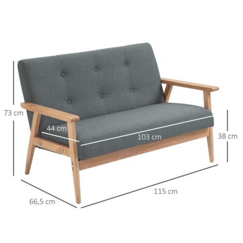 Kompakt grå linne- och gummiträsoffa Loveseat, 2-sits