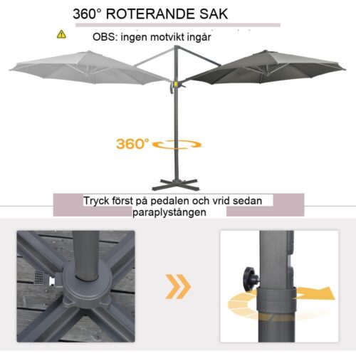 Stort grått roterande fribärande parasoll med stativ för uteplats