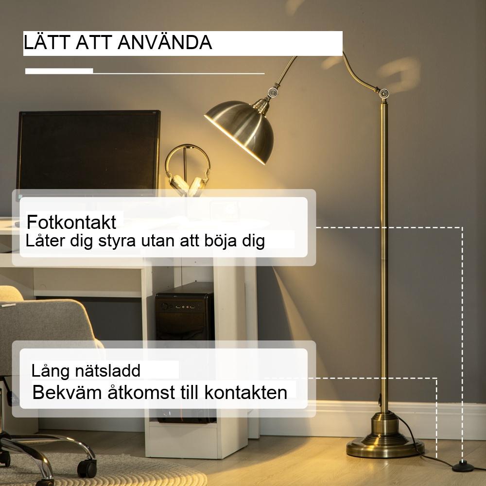 Retro båggolvlampa med justerbar lampskärm – belysning i mässingslook för vardagsrum och sovrum