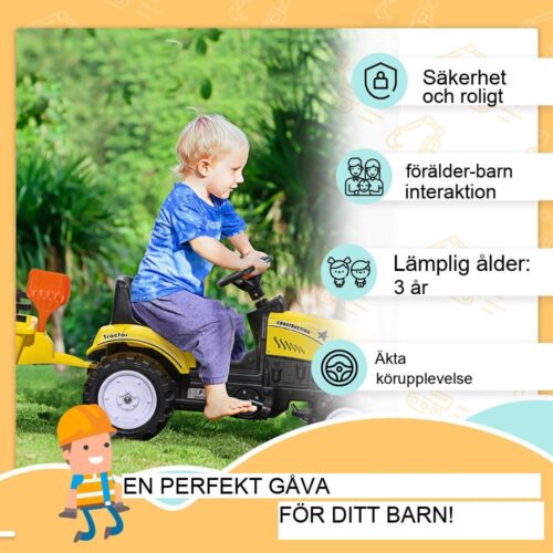 Gul pedaltraktor med släp och verktyg, leksak för barn från 3 år och uppåt