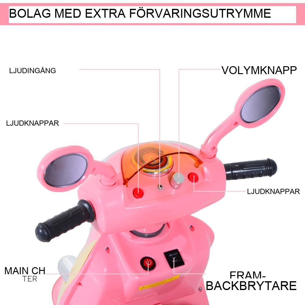 Rosa och gul elektrisk barnmotorcykel, trehjuling med musik och ljus