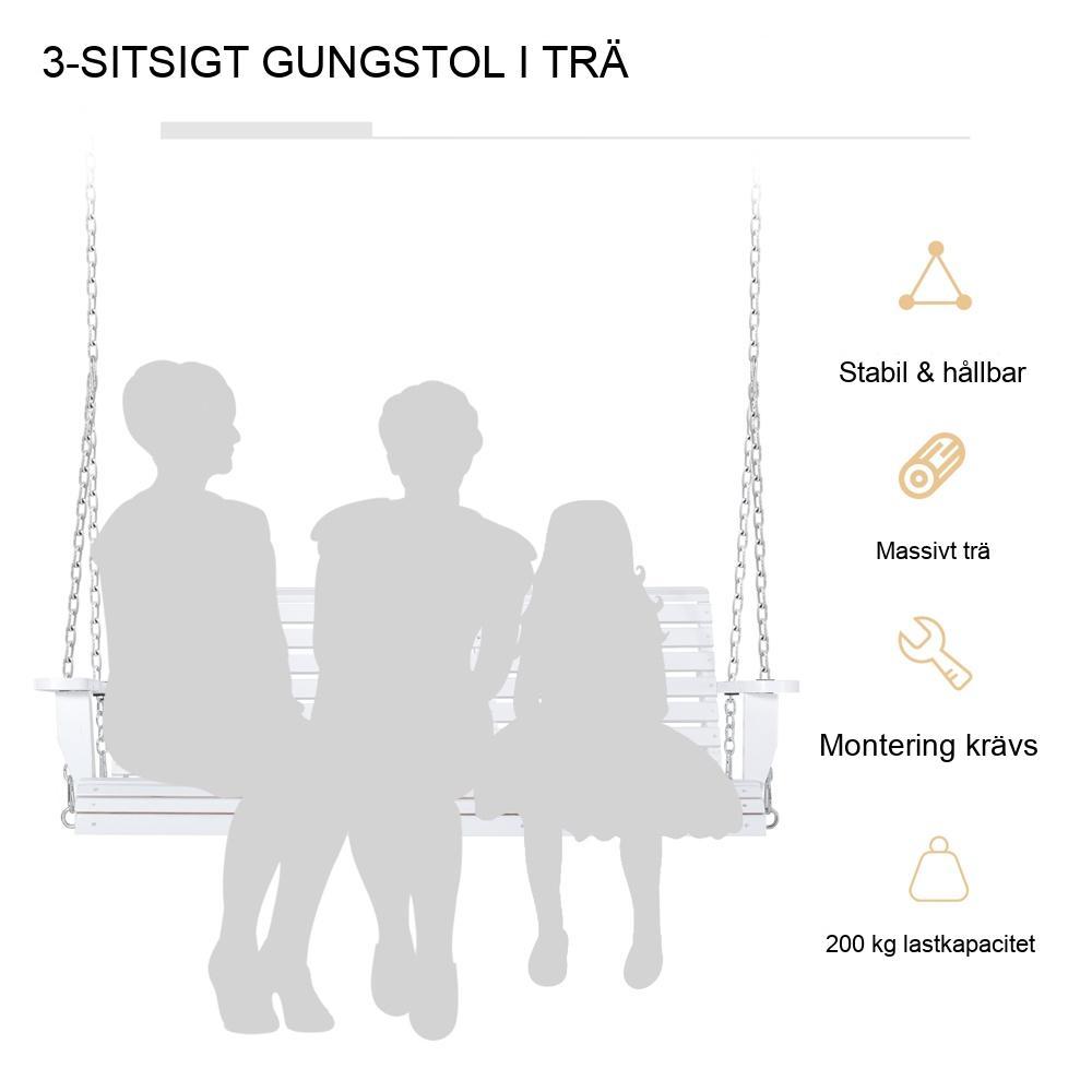 Swingbänk i vit gran med hopfällbart bord och mugghållare – plats för 2-3 personer