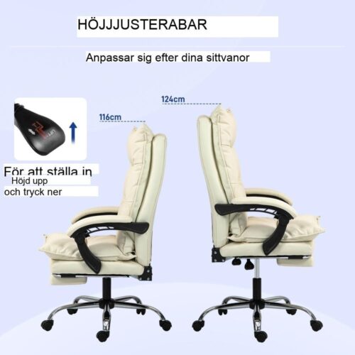 Beige ergonomisk kontorsstol, höjdjusterbar, lutande med fotstöd