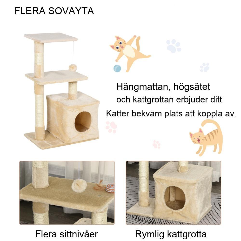 Skrapstolpe med sisal, kattträd, sovgrotta, leksaksintegrerad