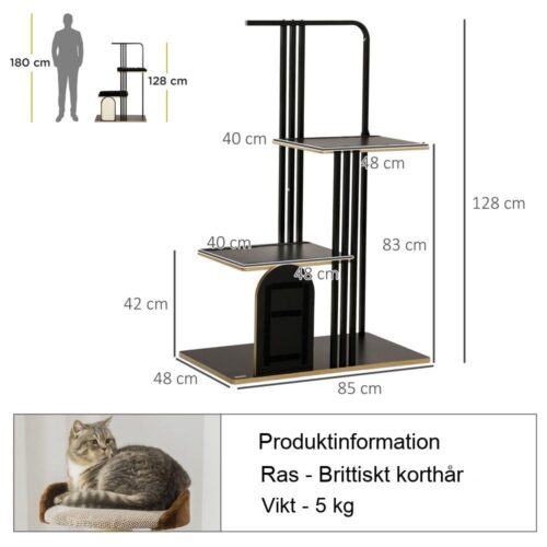 Svart 128 cm kattträd med kuddar, plattformar och sisal-skrapstolpe