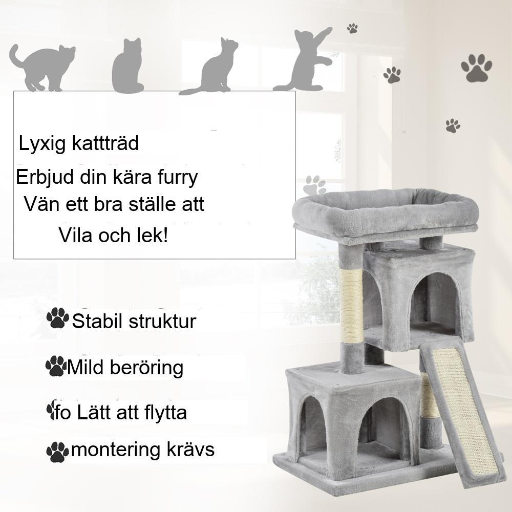 Ljusgrå kattträd med sisalskrapstolpar och plyschgrottor (upp till 30 kg)