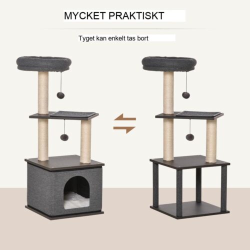 Multi-Level mörkgrå Sisal Cat Scratching Post med lägenhet, bollar och säng