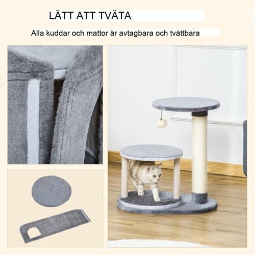 Grå kattträd med skrapstolpe, grotta och boll – små katter