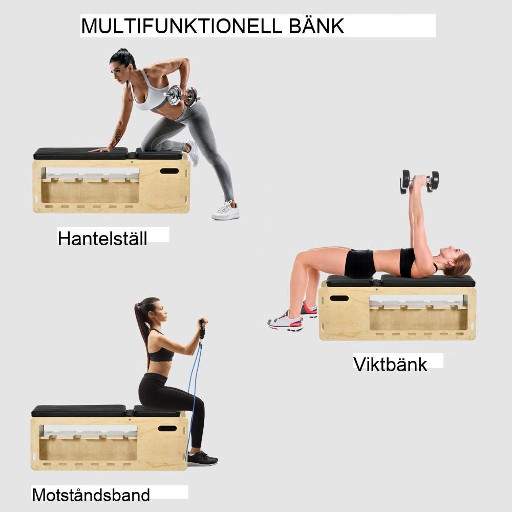 Viktbänk i massivt trä med förvaring, motståndsband, justerbar för hemmagym