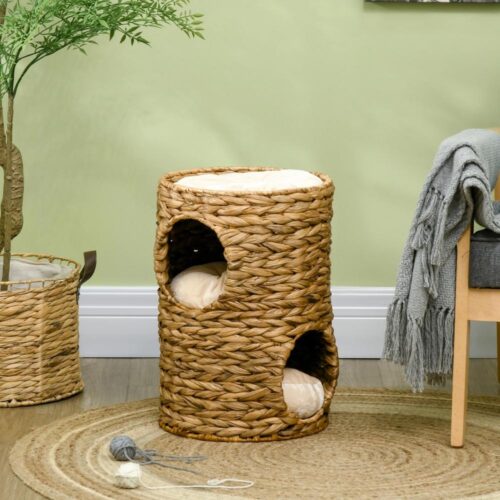 Natural Water Hyacinth Cat Scratching Tower med kudde, 47 cm högt