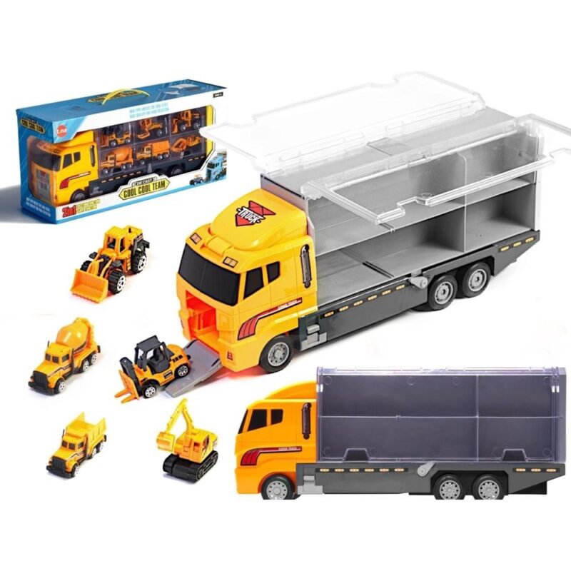 Construction Vehicle Transporter Truck med 6 metallmaskiner och launcher