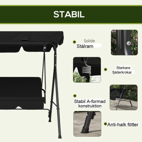 3-sits trädgårdsgunga med justerbart tak, robust stålkonstruktion – svart 172x110x153cm